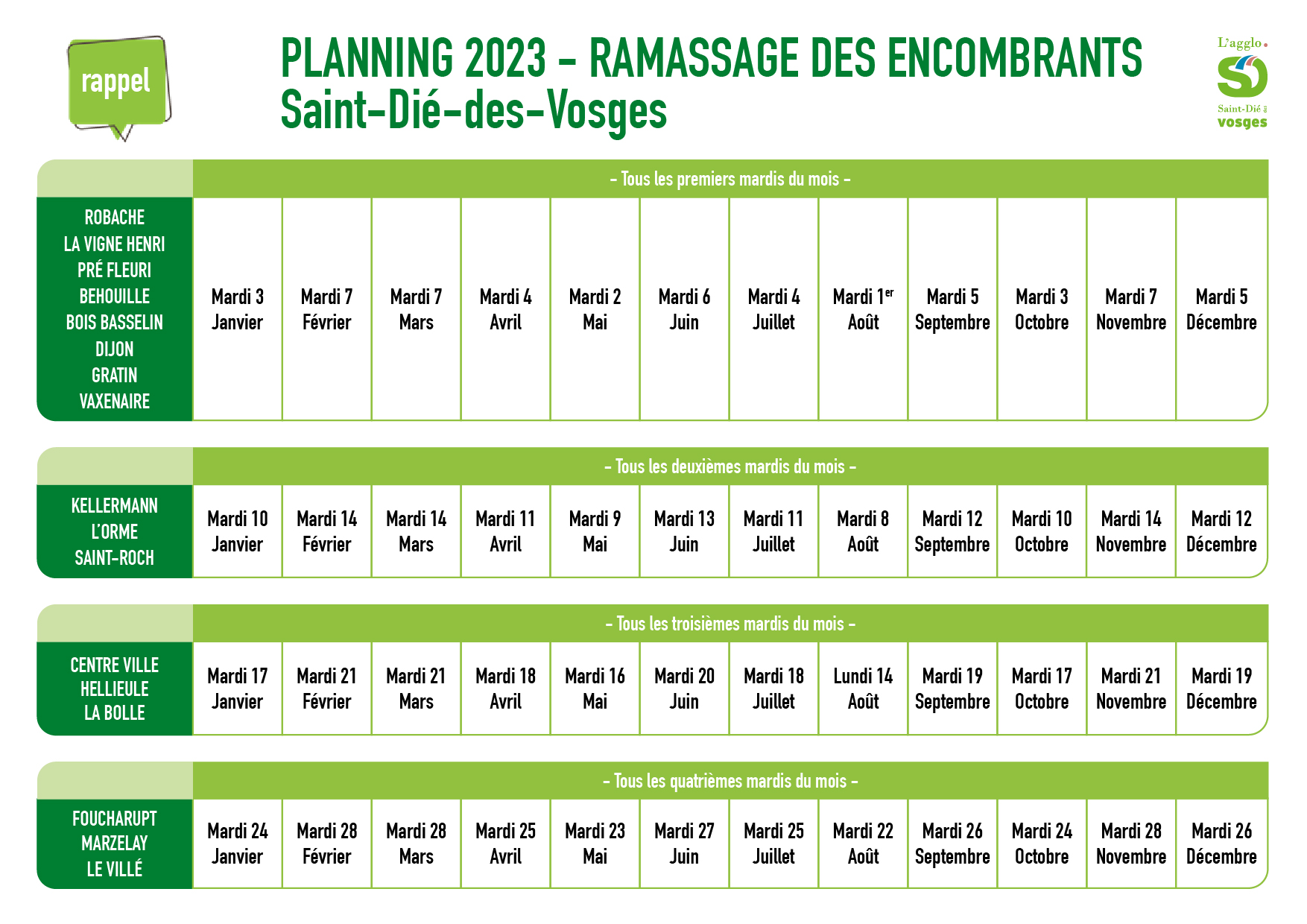 Planning 2023 du ramassage des encombrants à Saint-Dié-des-Vosges